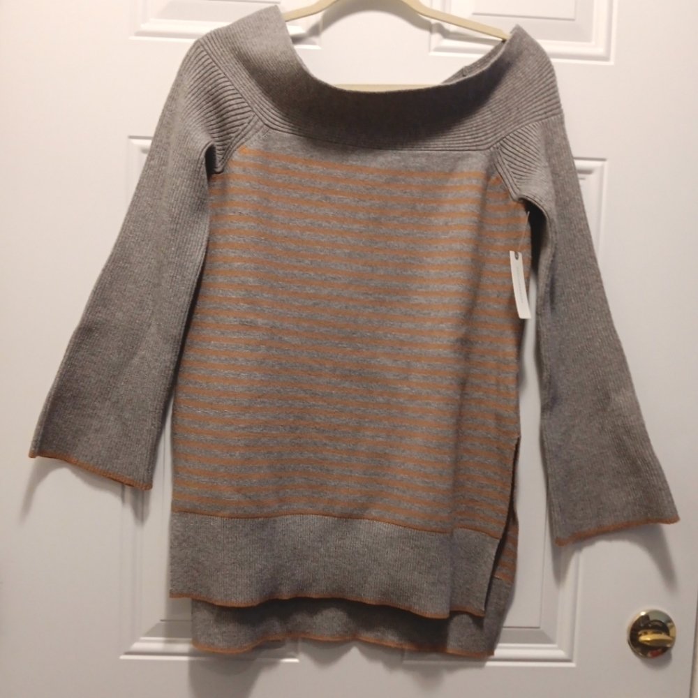 by Anthropologie Elise Ribbed Off Shoulder Tunic Sweater US S Gray/ Orange NWT